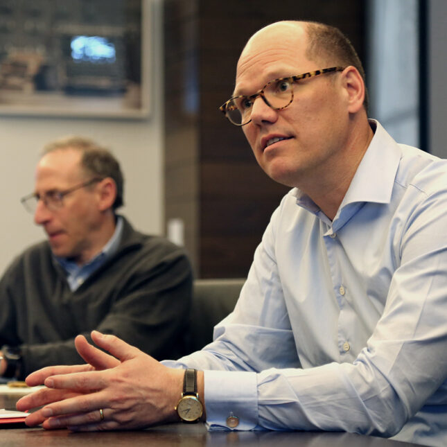 President of Bayer U.S. Sebastian Guth speaks with STAT reporters at STAT's Boston headquarters, March 13, 2024